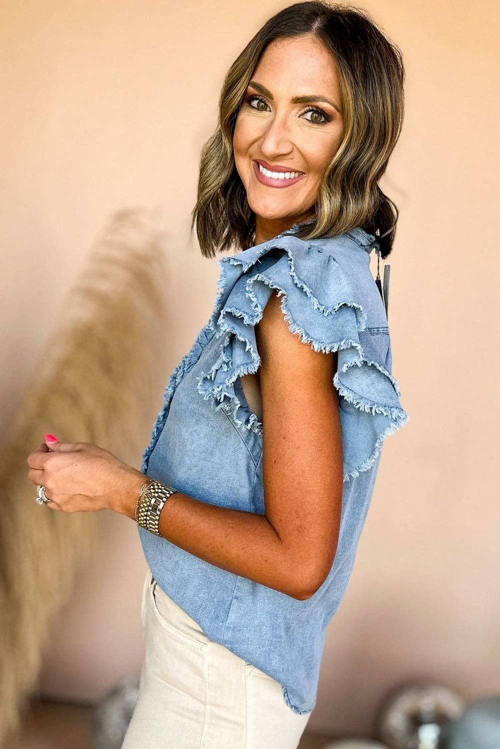 Beau Blue Button Front Ruffled Flutter Frayed Denim Top: Beau Blue / 100%Cotton
