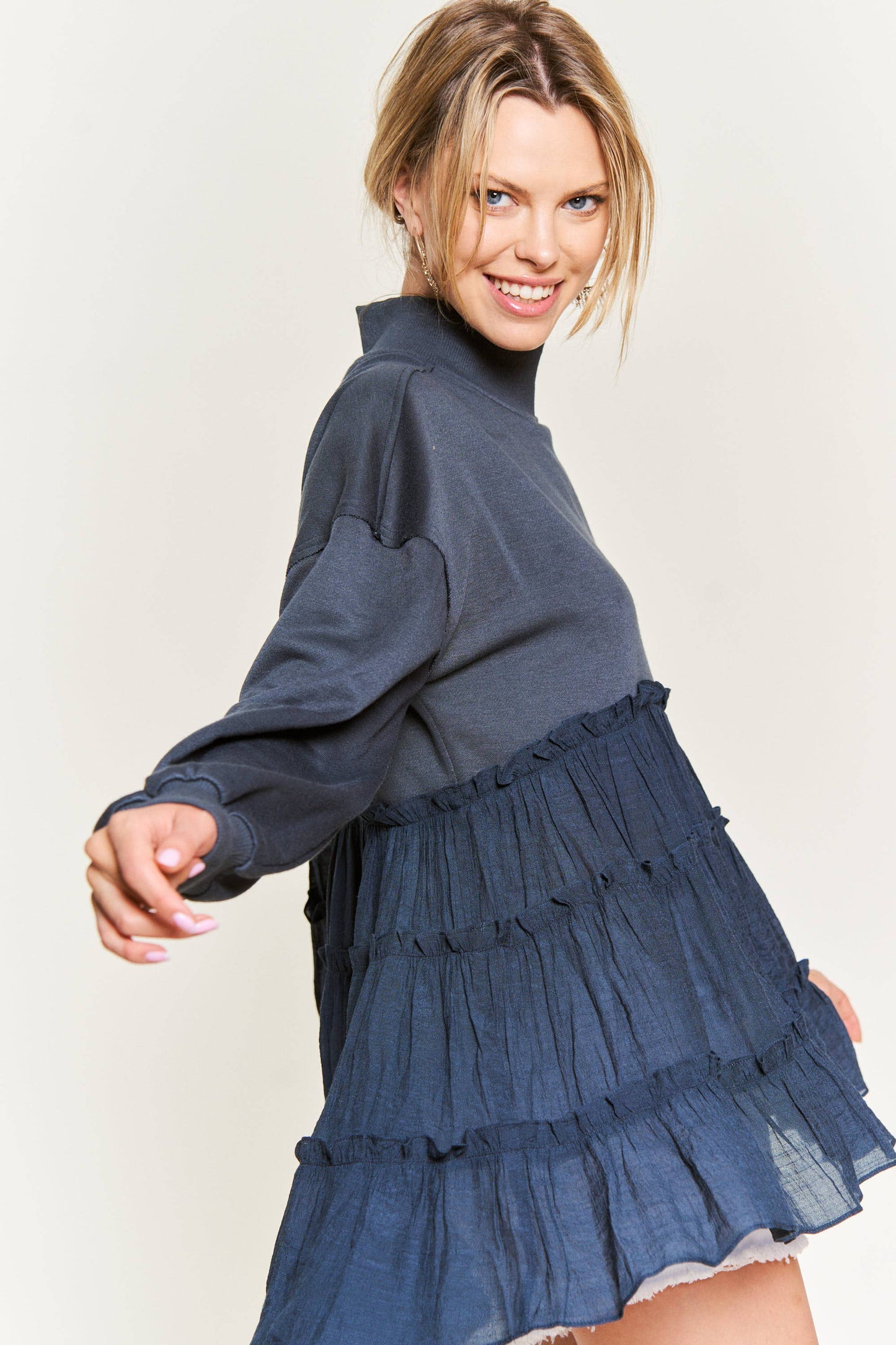 MOCK NECK TUNIC KNIT TOP JJT5007 (Plus available): CHARCOAL