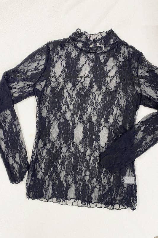 Floral print lace long sleeves top KRT1739 (Plus available): BLACK and White