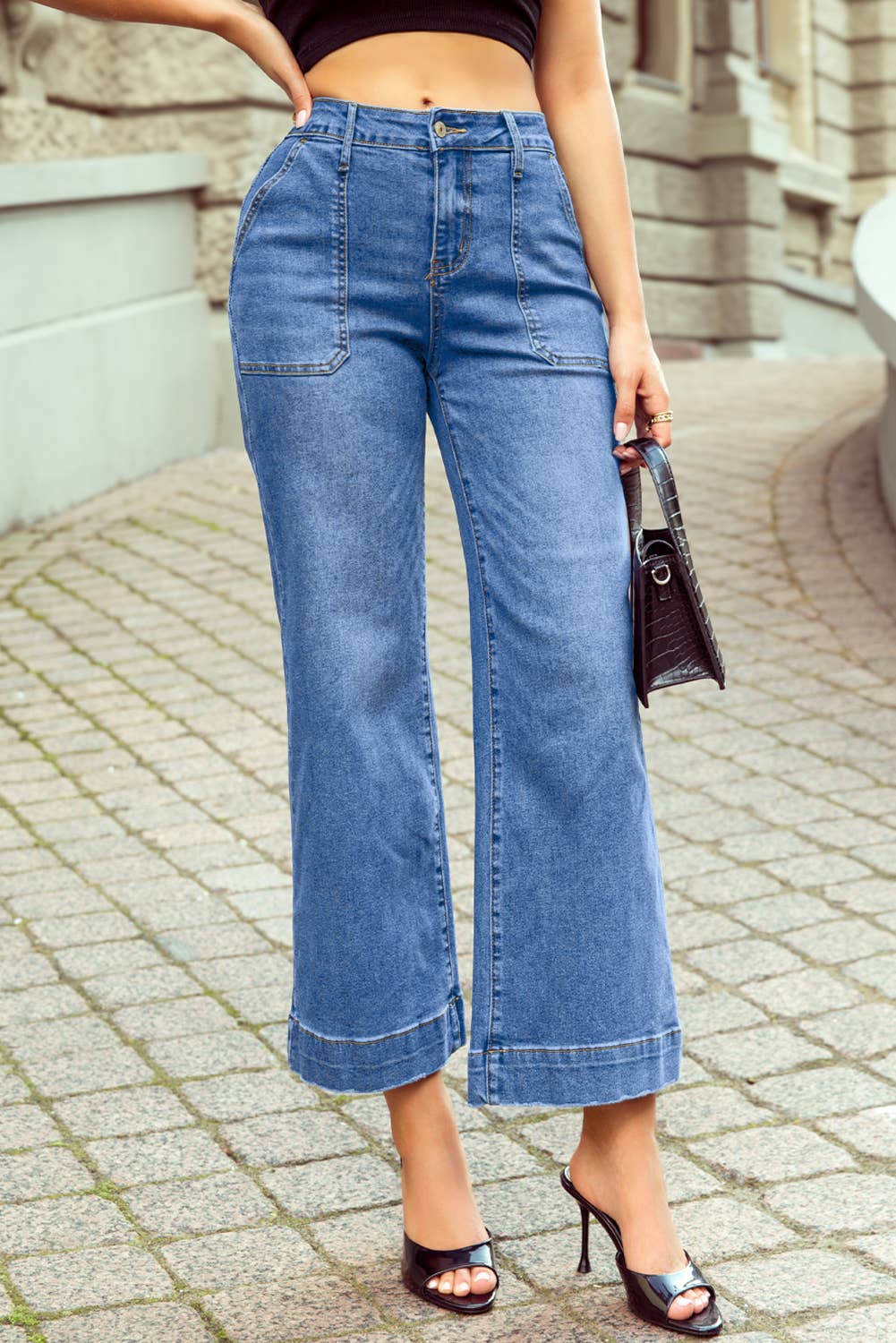 Cropped Loose Straight Medium Wash Jeans with Pockets: Ashleigh Blue