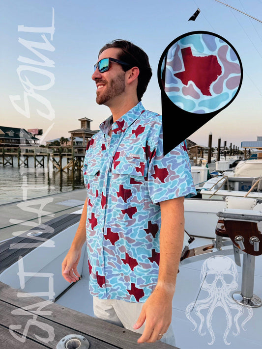Texas Maroon Camo Fishing Shirt: XXXL