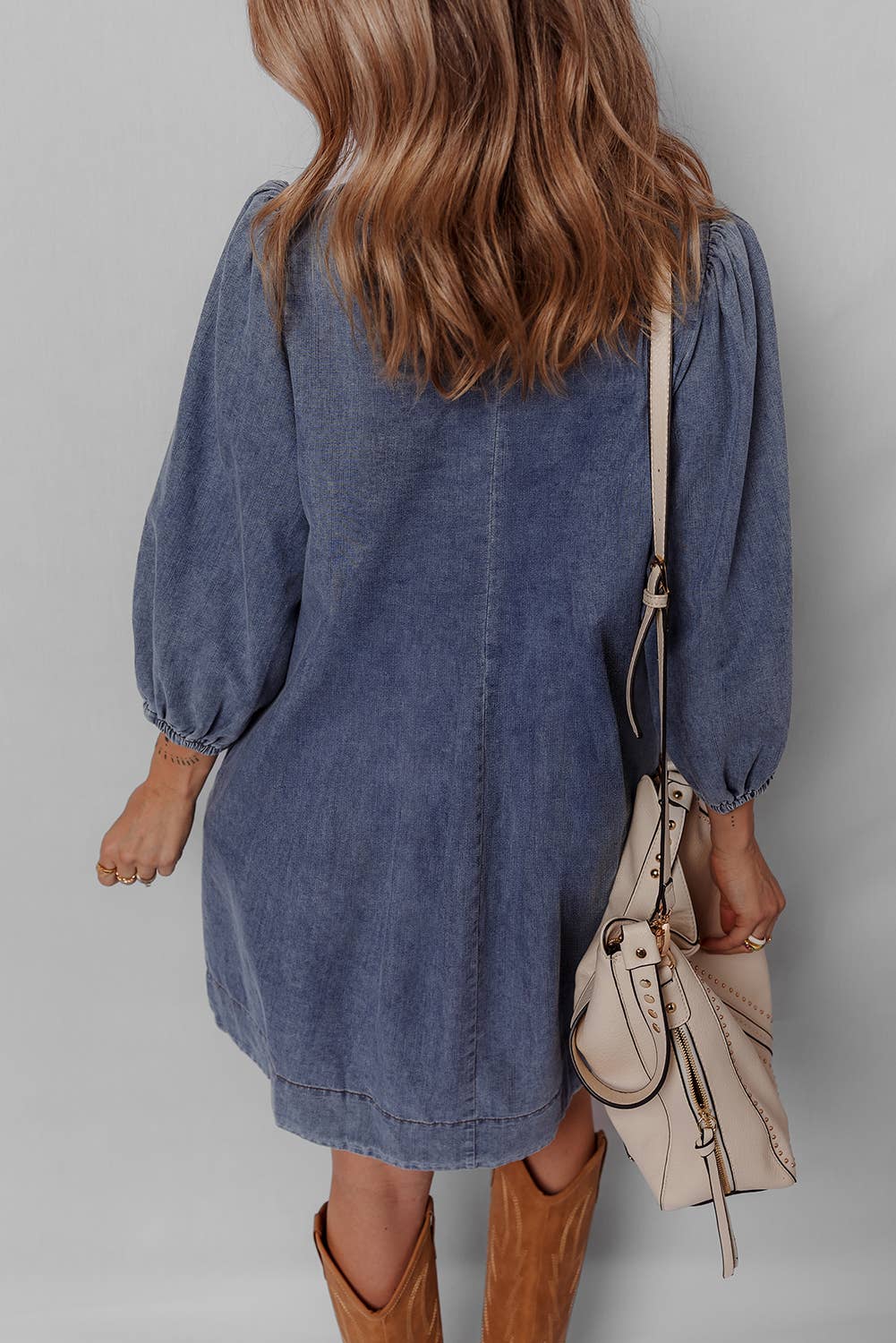 LDC 3/4 Sleeve Tied V Neck Pleated Denim Mini Dress: Sail Blue