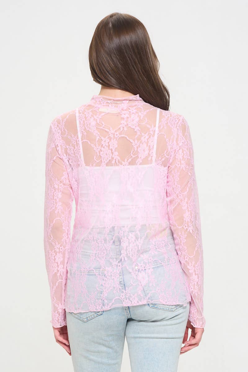 Floral print lace long sleeves top KRT1739 (Plus available): BLACK and White