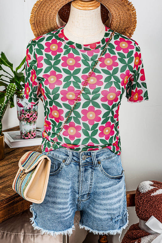 Fashion-W Retro Floral Print Crew Neck T Shirt*S - XL