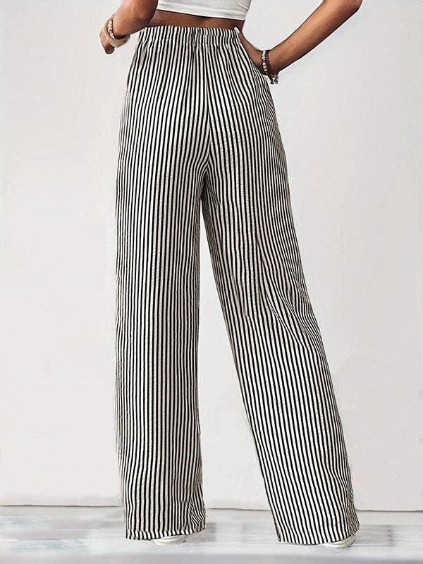 Loose Drawstring Elasticity Pockets Split-Joint Striped Pants Trousers: BLACK