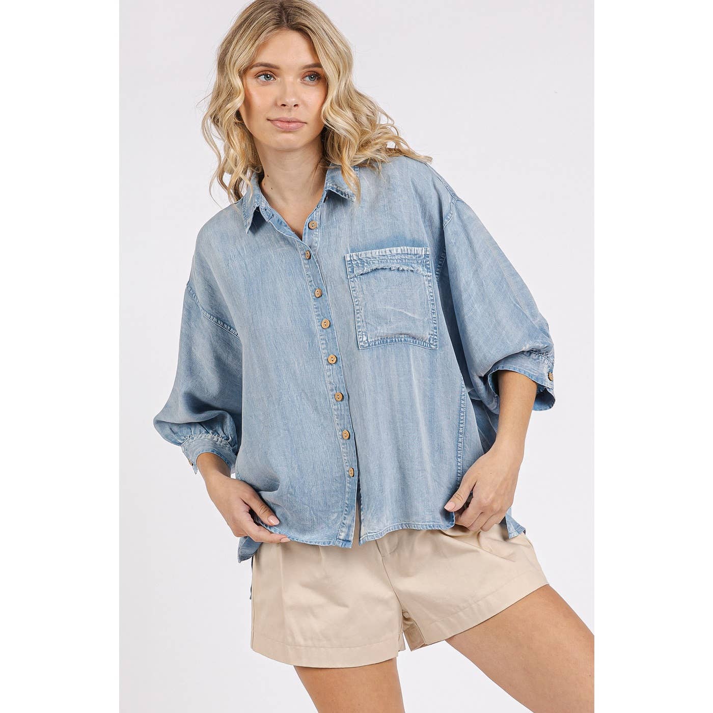 WASHED TENCEL CHAMBRAY DOLMAN SLEEVE SHIRT: DK DENIM / S-M-L(2-2-2)
