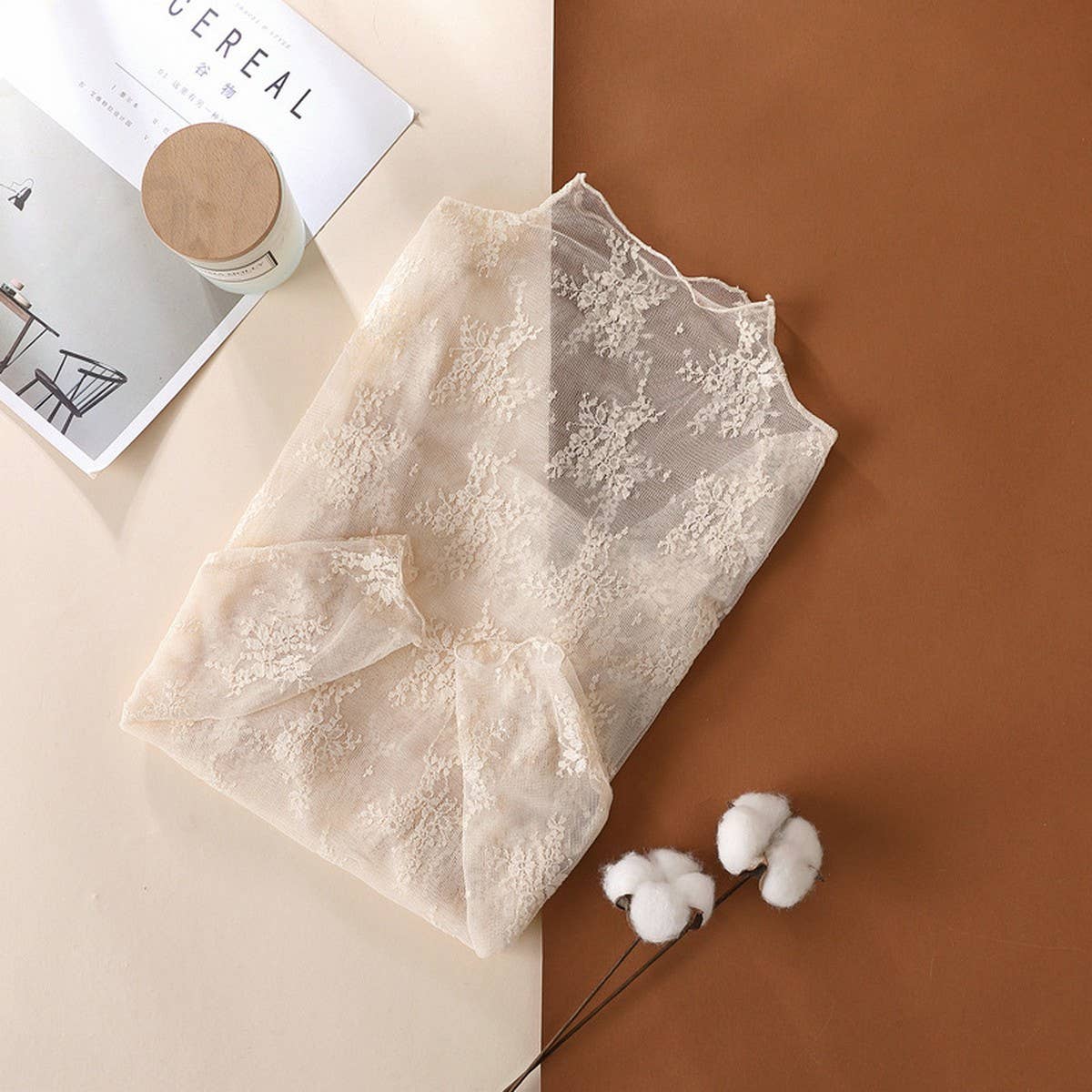 SEMI SHEER MESH LACE SEXY SLIM BOTTOMING SHIRT_CWTBLL2662: APRICOT