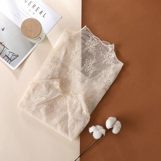 SEMI SHEER MESH LACE SEXY SLIM BOTTOMING SHIRT_CWTBLL2662: APRICOT