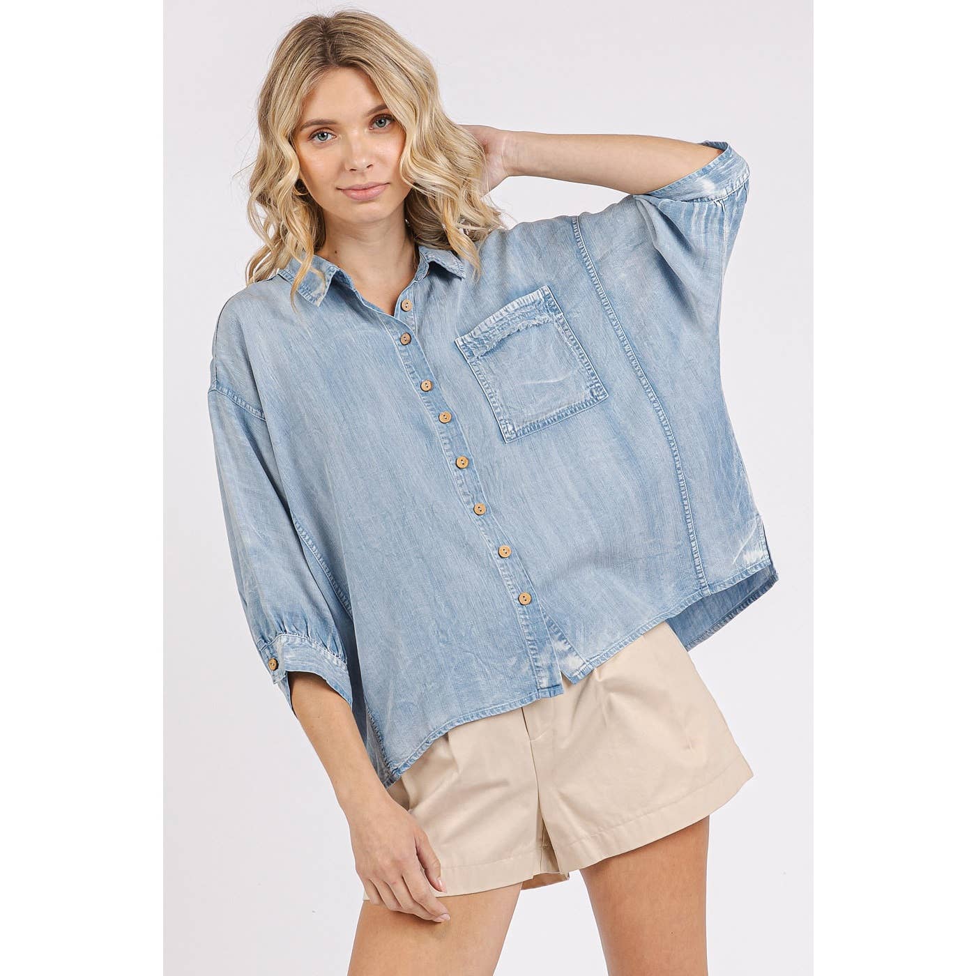 WASHED TENCEL CHAMBRAY DOLMAN SLEEVE SHIRT: DK DENIM / S-M-L(2-2-2)