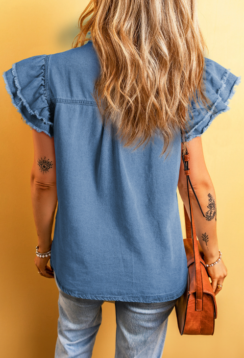 Beau Blue Button Front Ruffled Flutter Frayed Denim Top: Beau Blue / 100%Cotton