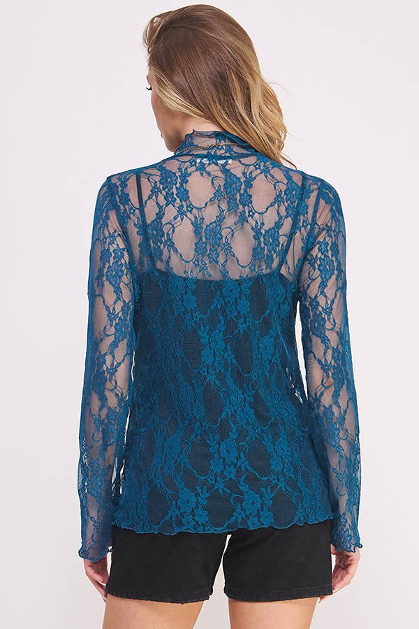 Floral print lace long sleeves top KRT1739 (Plus available): BLACK and White