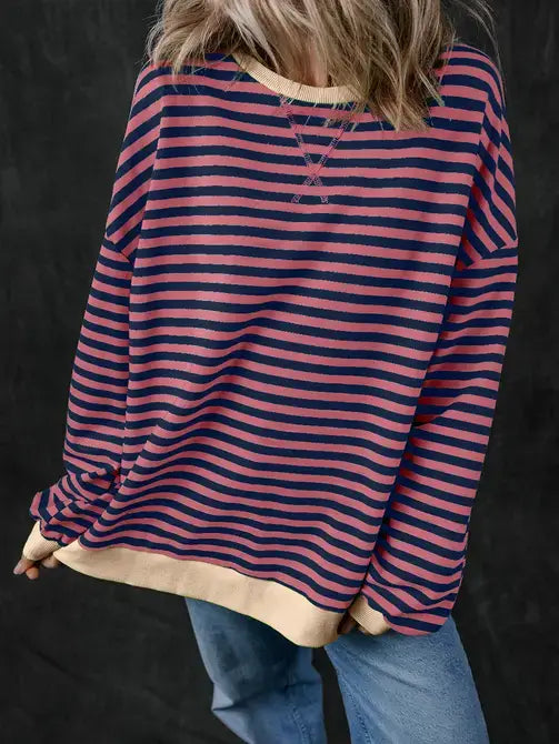 Trendy Oversized Striped Sweatshirt with Bold Trim: Red Stripe