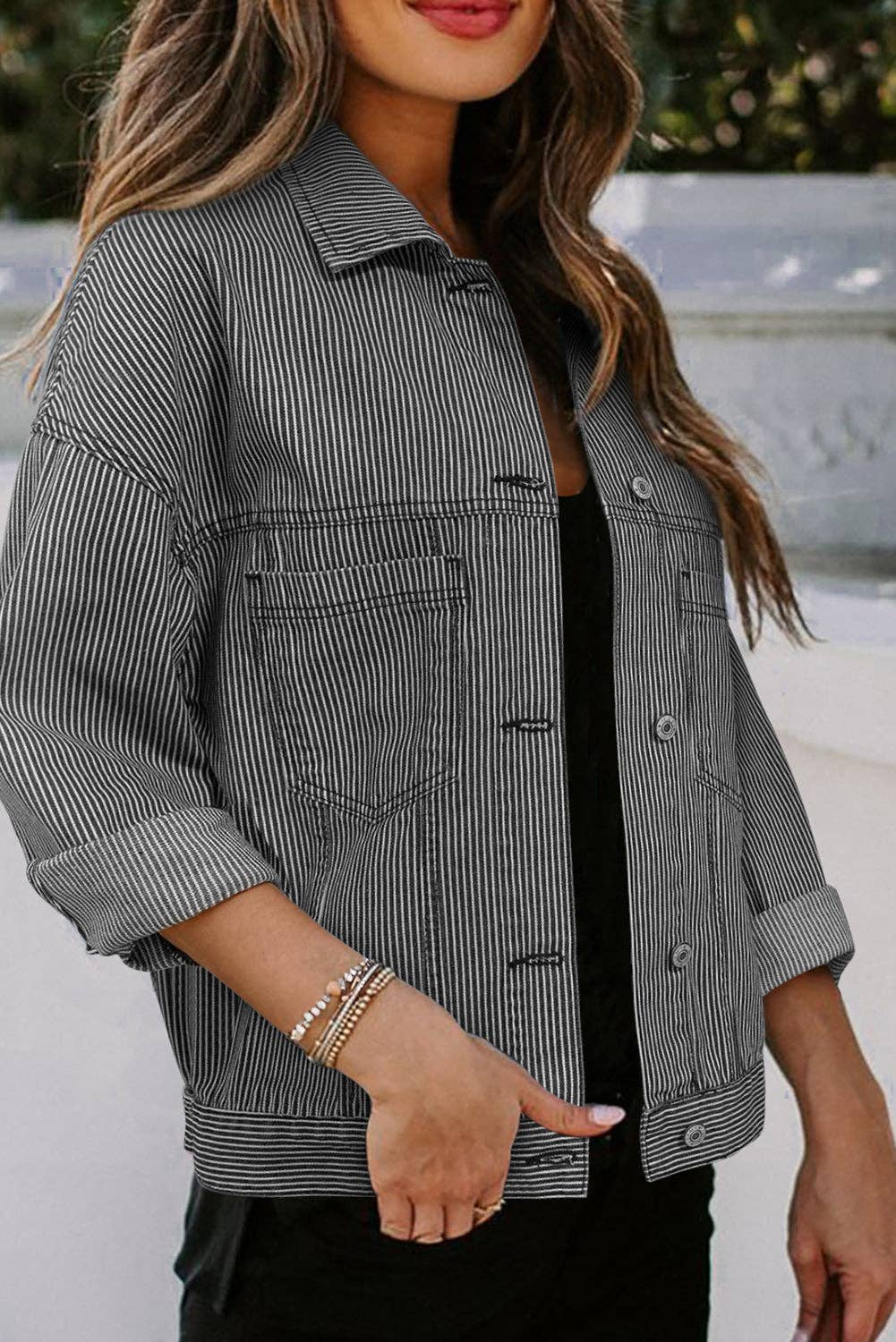 Lakely Oversized Denim Jacket | S-2XL: Blue Stripe