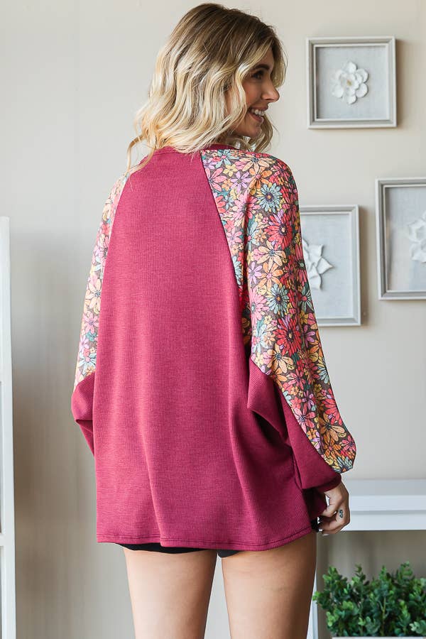 Western Oversized Fit Top with Dolman Floral Sleeves-HT12346: L / Charcoal