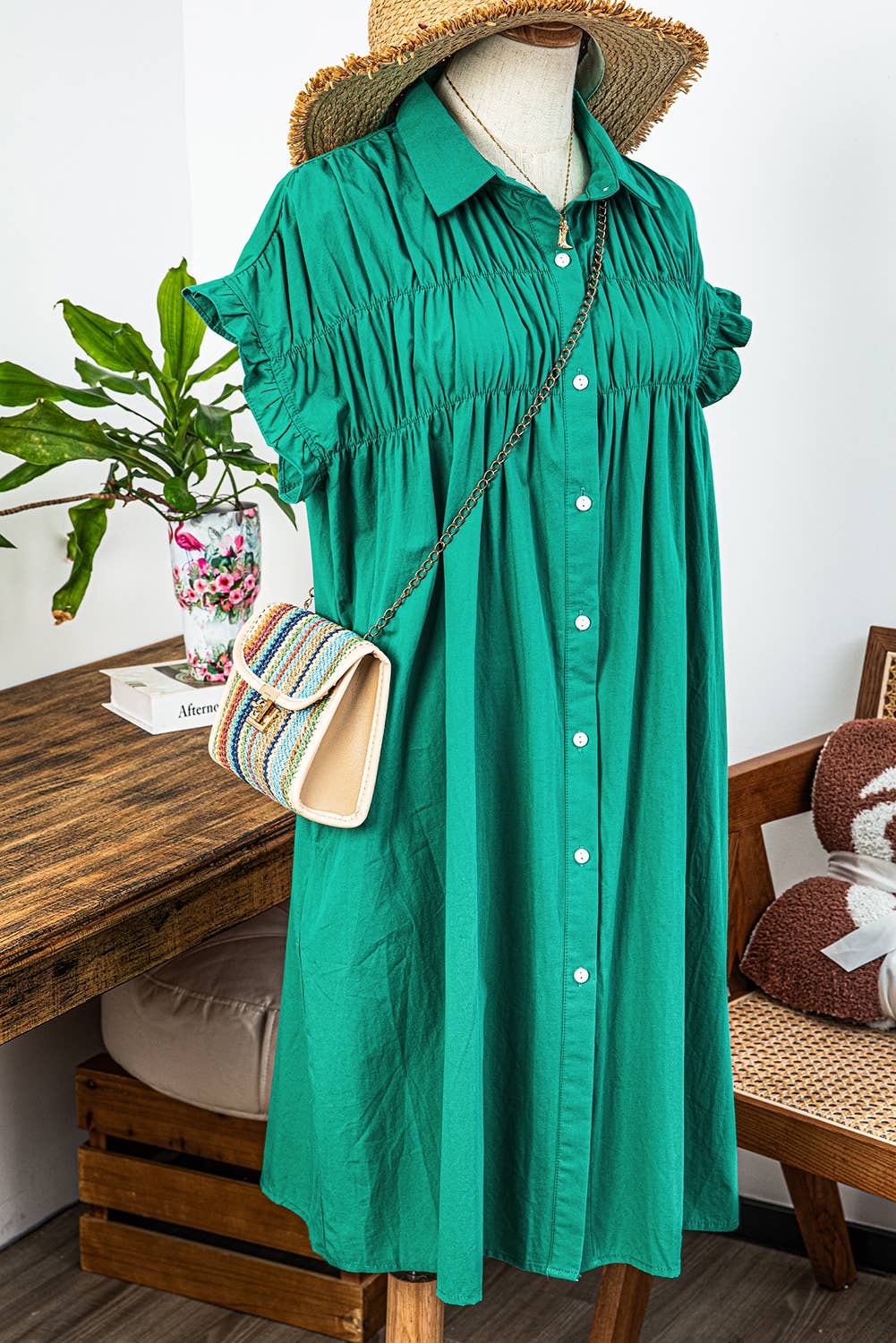 Fashion-W Shirred Ruffle Sleeve Button Up Short Dress