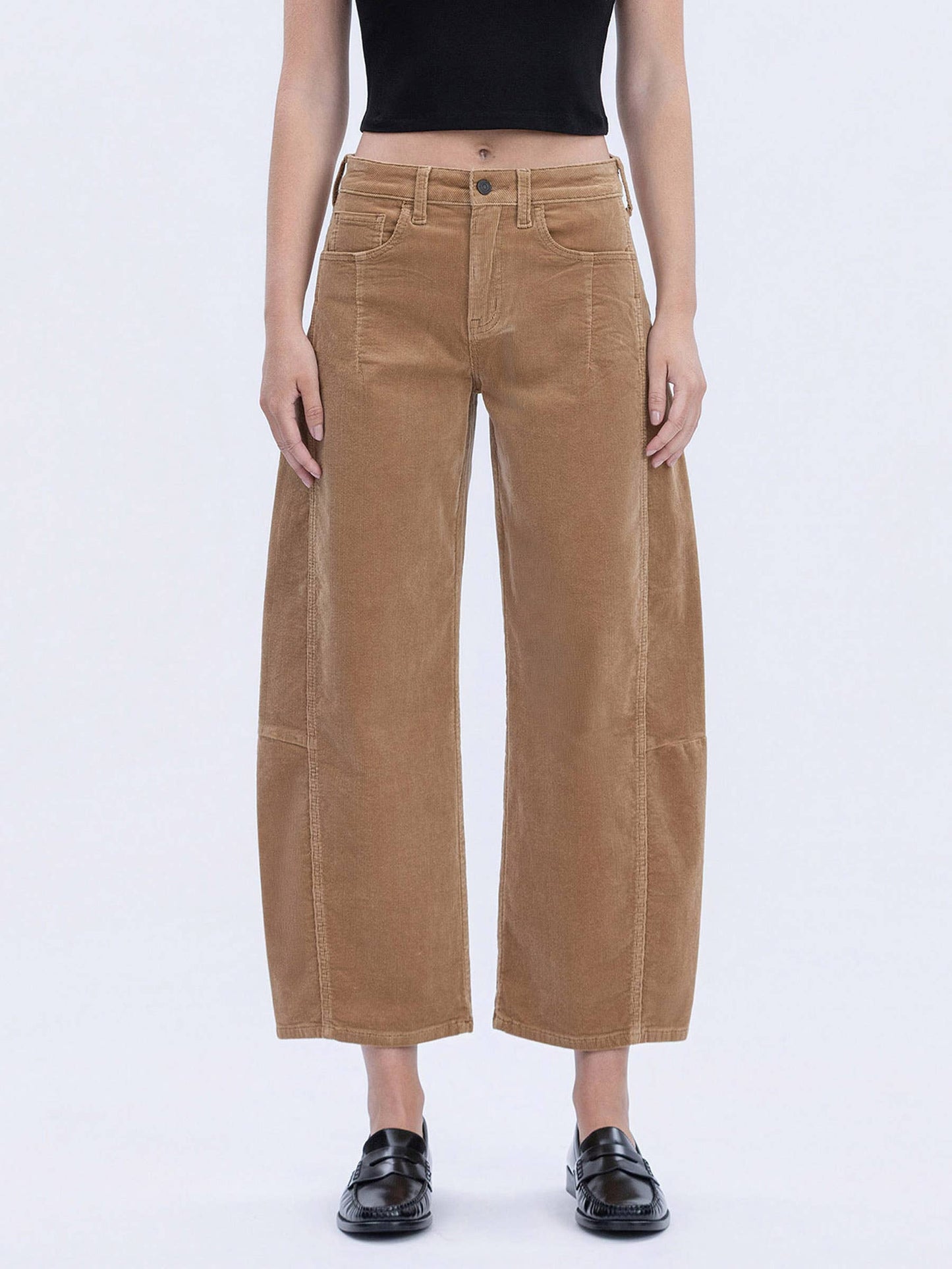 HIGH RISE SEAM DETAIL CORDUROY BARREL JEANS V3699CKK: KHAKI