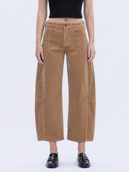 HIGH RISE SEAM DETAIL CORDUROY BARREL JEANS V3699CKK: KHAKI