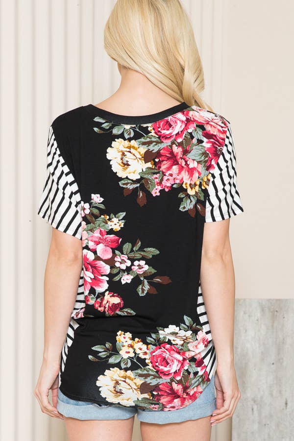 FLORAL TUNIC TOP WITH SIDE STRIPE CONTRAST: TURQUOISE