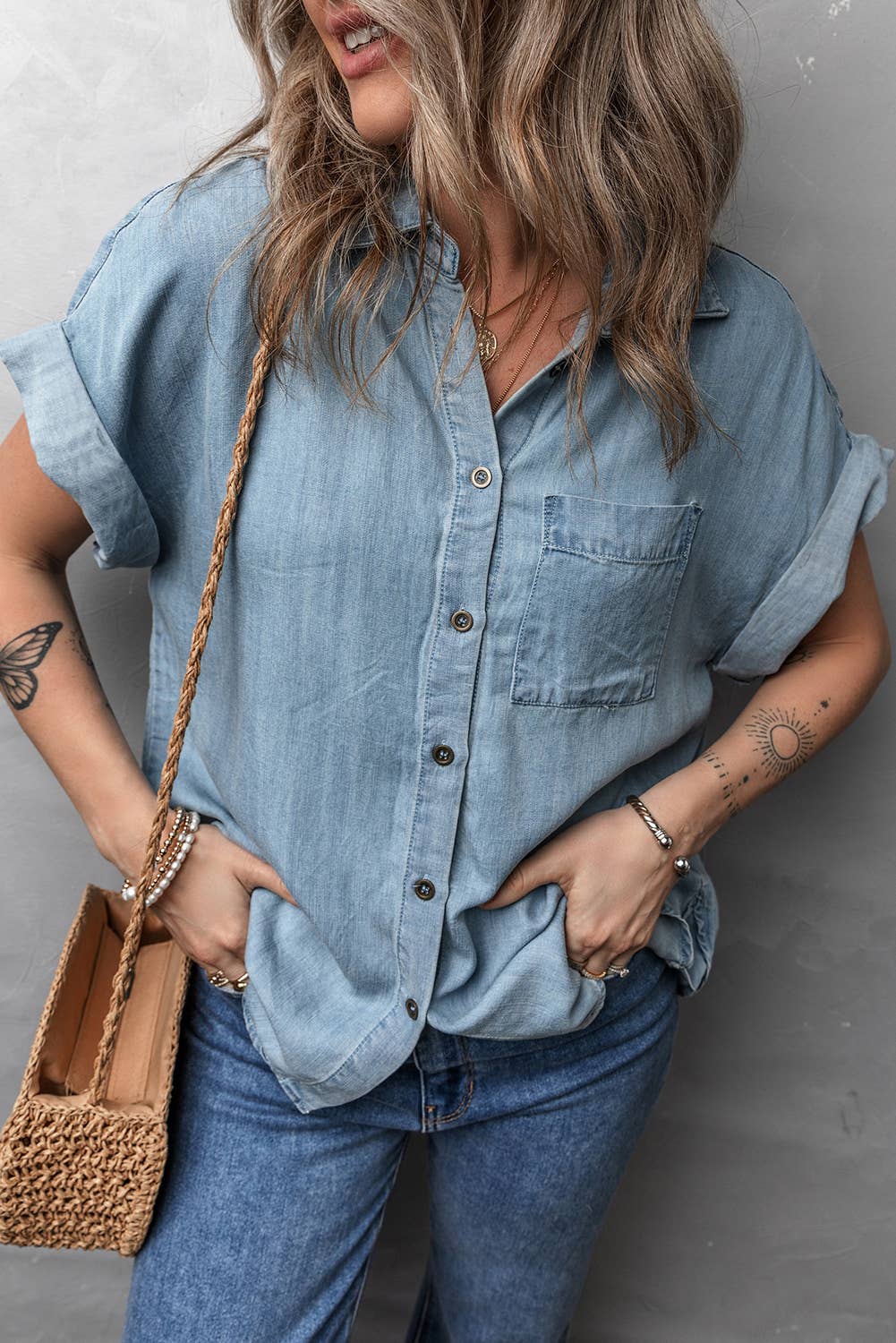 LDC Folded Short Sleeve Patched Pocket Denim Shirt: Dusk Blue