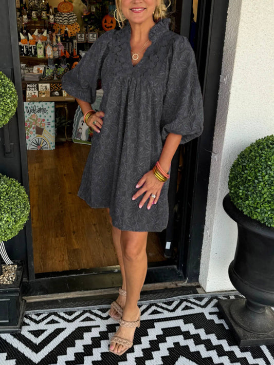 V-neck Lace Patchwork Dress: Black