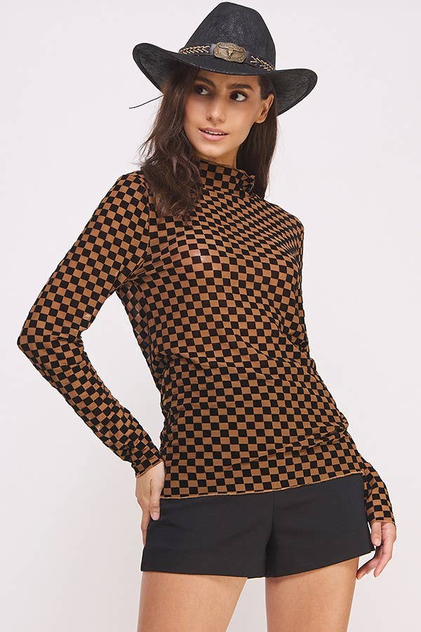 LONG SLEEVE CHECKERED MESH MOCK NECK TOP: BLACK/WHITE