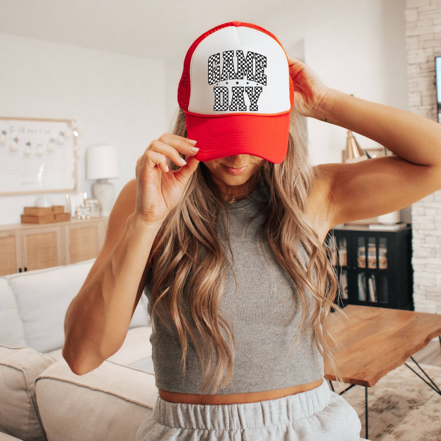 Game Day Trucker Hat: Red and Red and White