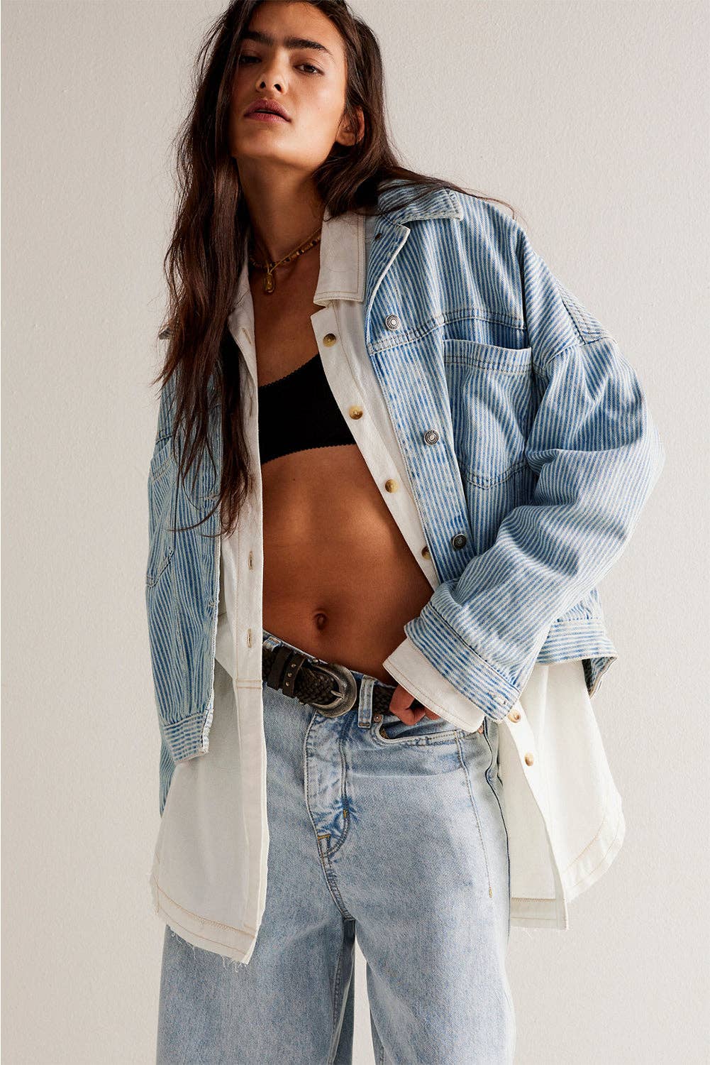 Lakely Oversized Denim Jacket | S-2XL: Blue Stripe