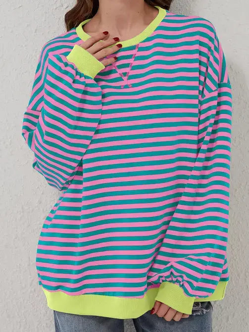 Trendy Oversized Striped Sweatshirt with Bold Trim: Red Stripe