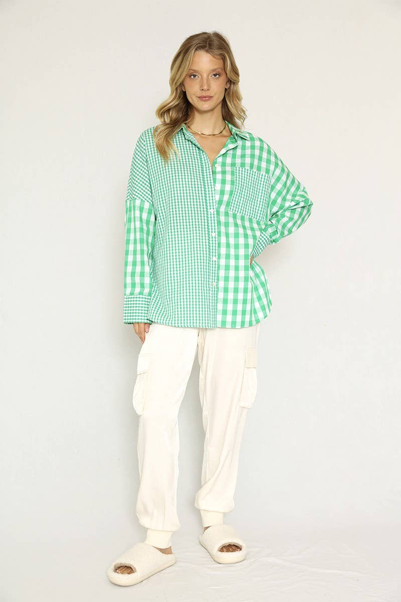 Plaid button up top: Red