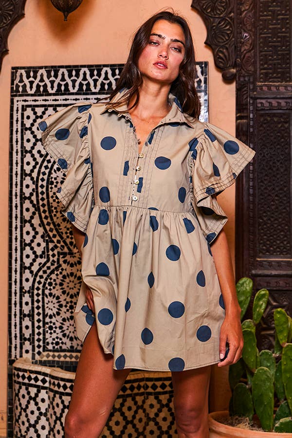 ID4283 Ruffle Sleeve Pintuck Detail Polka Dot Mini Dress: Taupe / S-M-L (2-2-2)