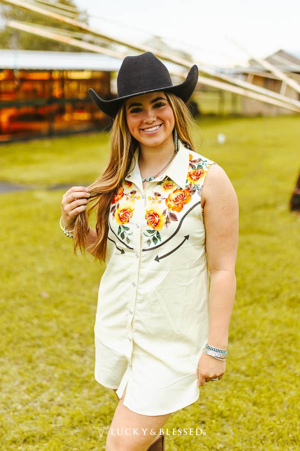 Plus Size Ivory Floral Western Sleeveless Button Down Dress: