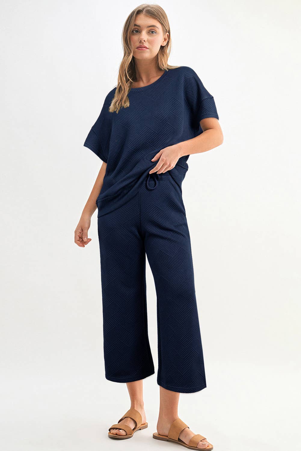 Women Multi-colored Textured T Shirt and Pants Set | S-2XL