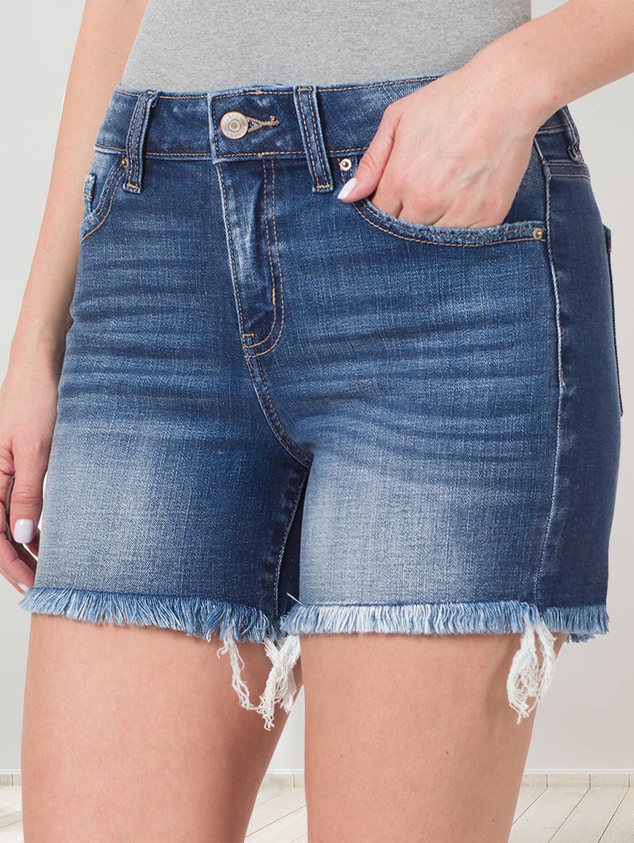 Zenana SC150660 Mid Rise Raw Frayed Hem Denim Shorts