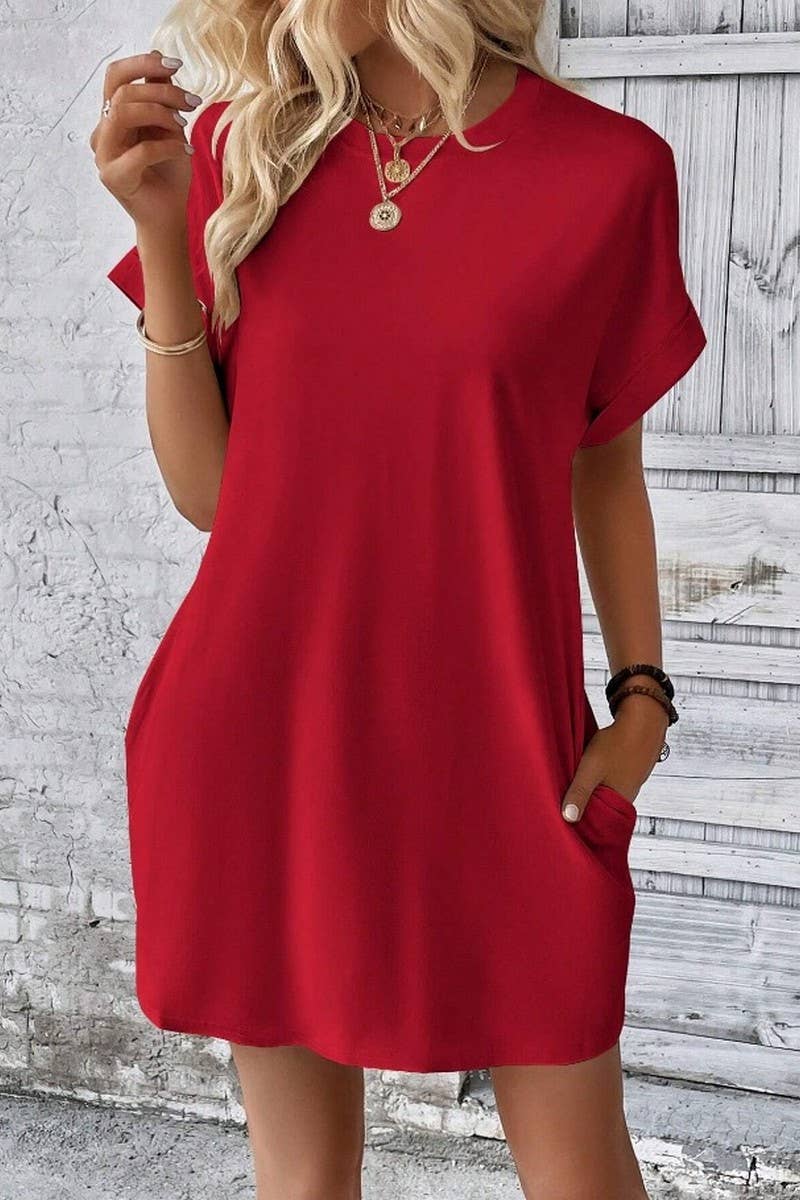 CWDSD3628_SOLID COLOR ROUND NECK LOOSE POCKET SHORT DRESS: Red