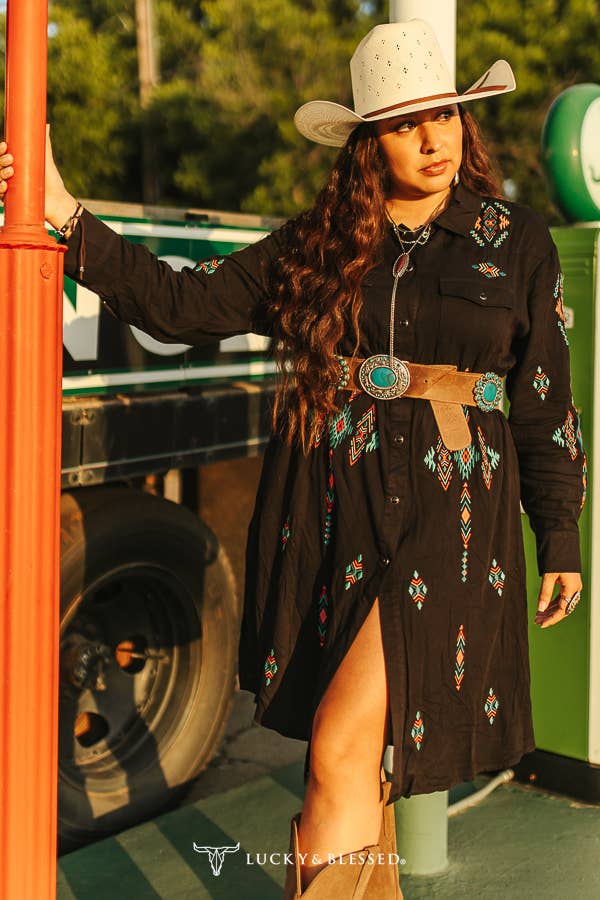 Black Button Down Embroidered Aztec Collared Dress