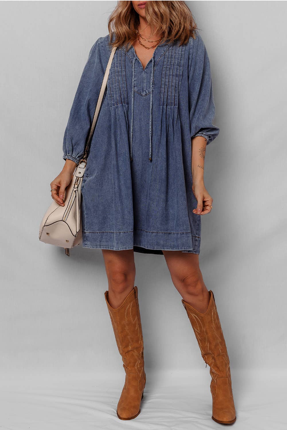 LDC 3/4 Sleeve Tied V Neck Pleated Denim Mini Dress: Sail Blue
