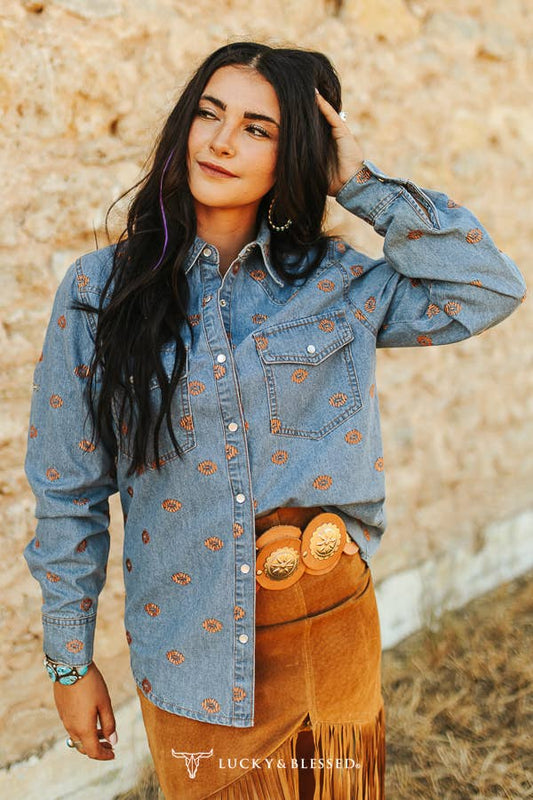 PlusDenim Pearl Snap Button Down Aztec Embroidery Detail Top