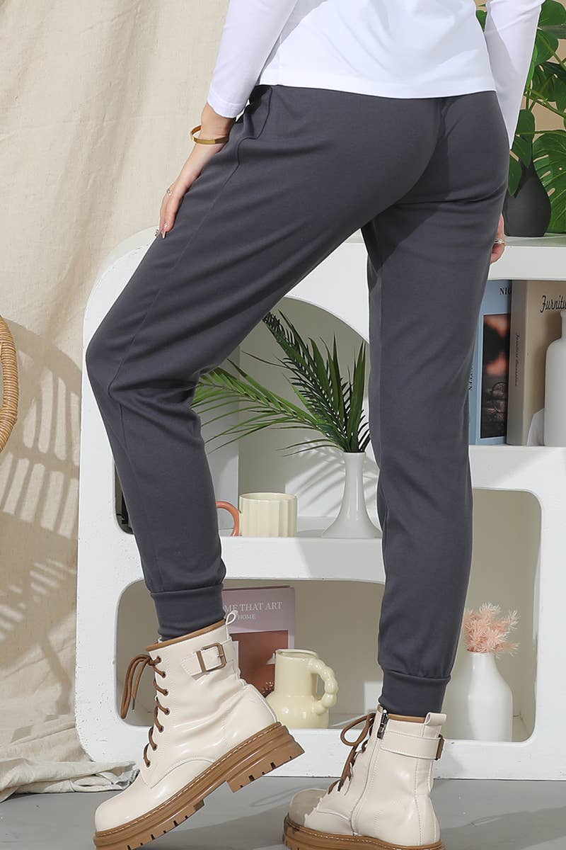WOMEN DRAWSTRING SOLID COLOR CASUAL PANTS_CWBLP404: Black