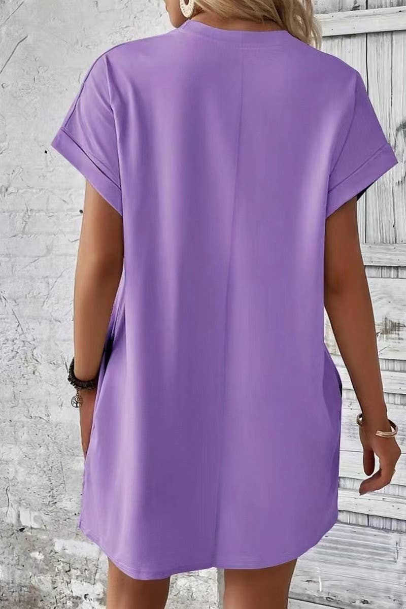 CWDSD3628_SOLID COLOR ROUND NECK LOOSE POCKET SHORT DRESS: Red