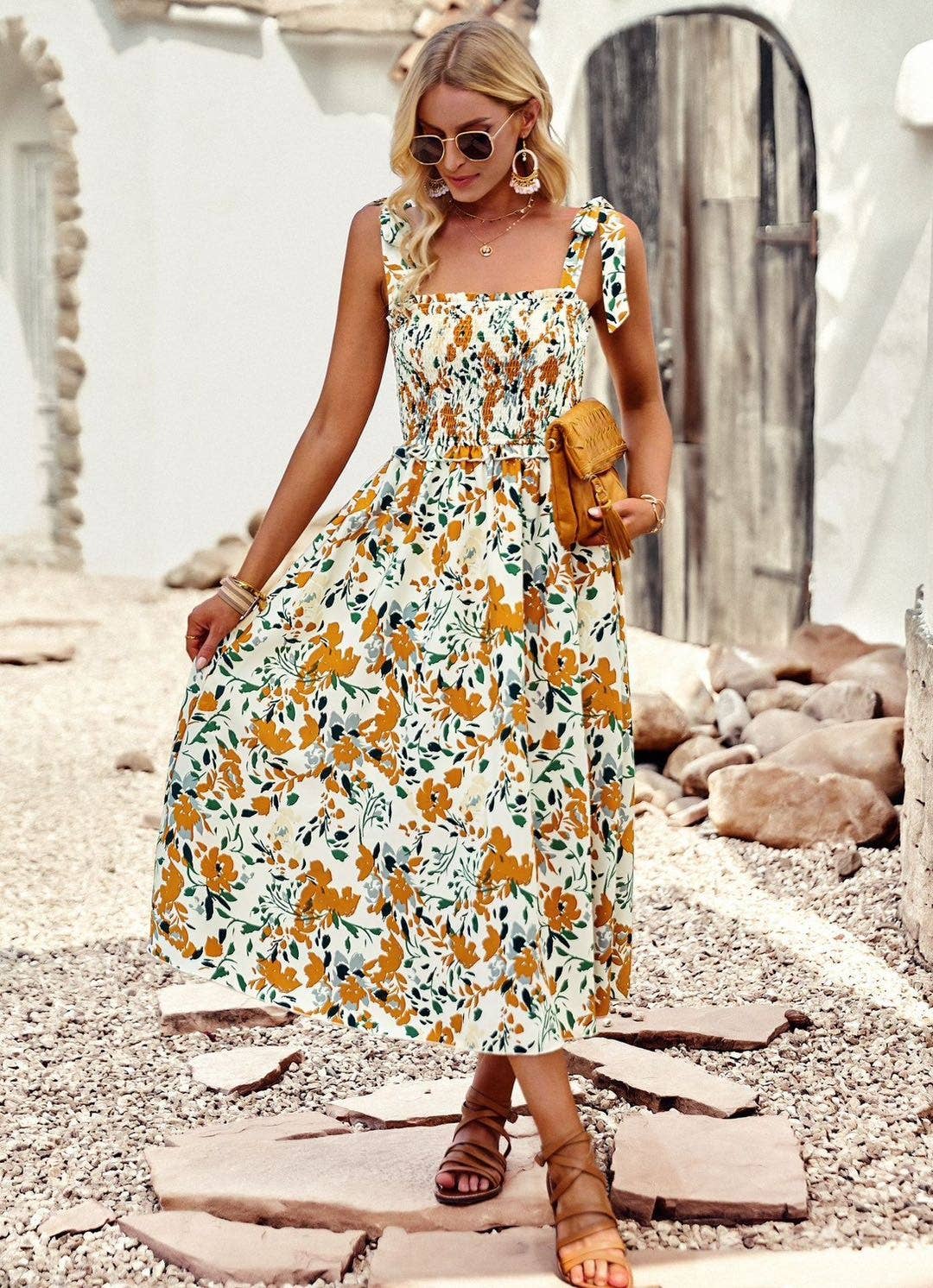 Smocked Midi Dress:Yellow Multi