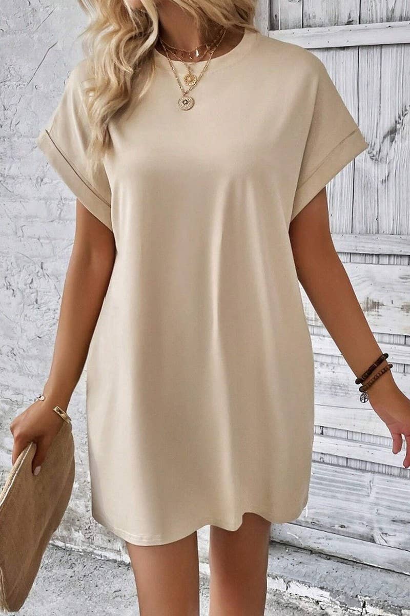 CWDSD3628_SOLID COLOR ROUND NECK LOOSE POCKET SHORT DRESS: Red