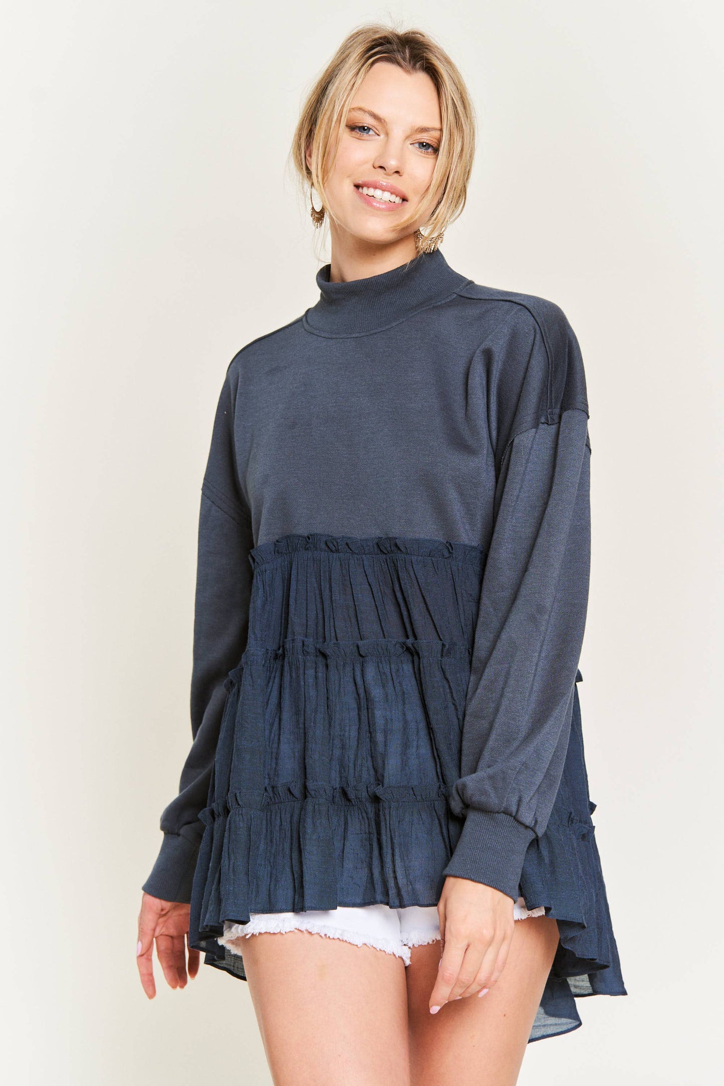 MOCK NECK TUNIC KNIT TOP JJT5007 (Plus available): CHARCOAL