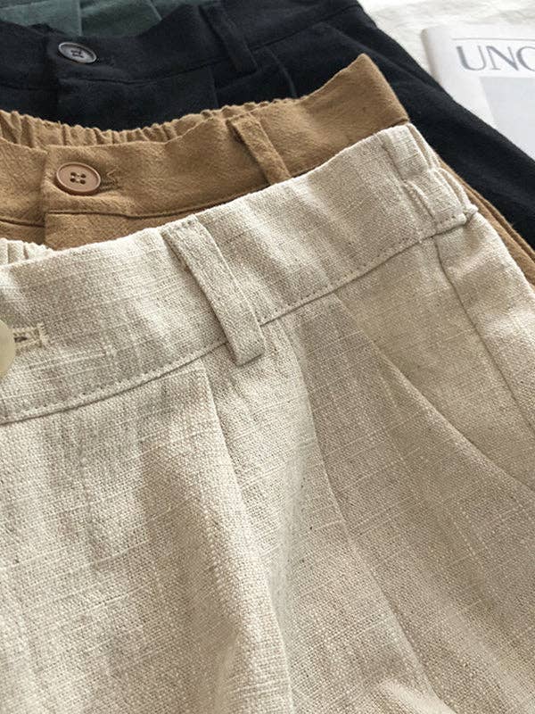 Loose Wide Leg Elasticity Pleated Solid Color Shorts: LINEN