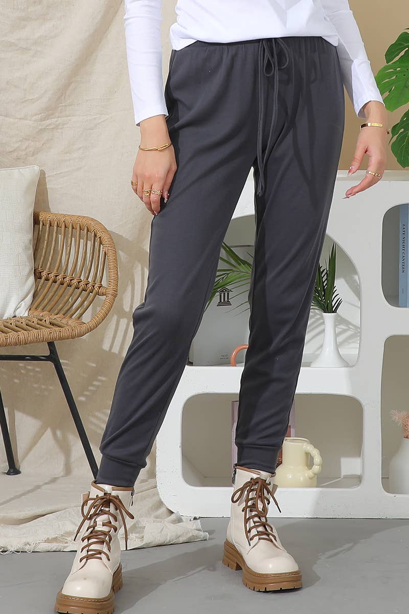 WOMEN DRAWSTRING SOLID COLOR CASUAL PANTS_CWBLP404: Black