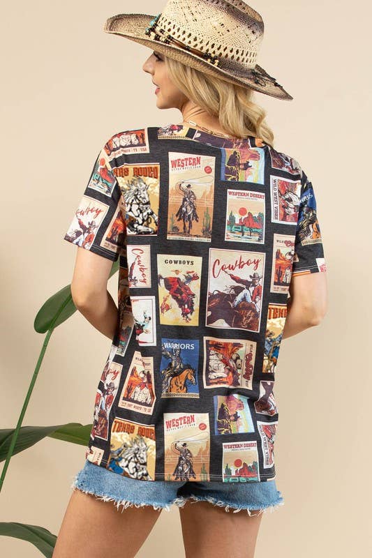 AV1205-RIO VINTAGE WESTERN PRINT SHORT SLEEVE T-SHIRT : Black Multi / Contemporary