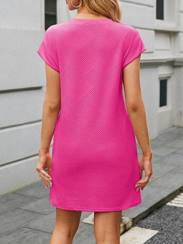 A-Line Loose Jacquard Pockets Solid Color Round-Neck Mini Dresses: FUCHSIA