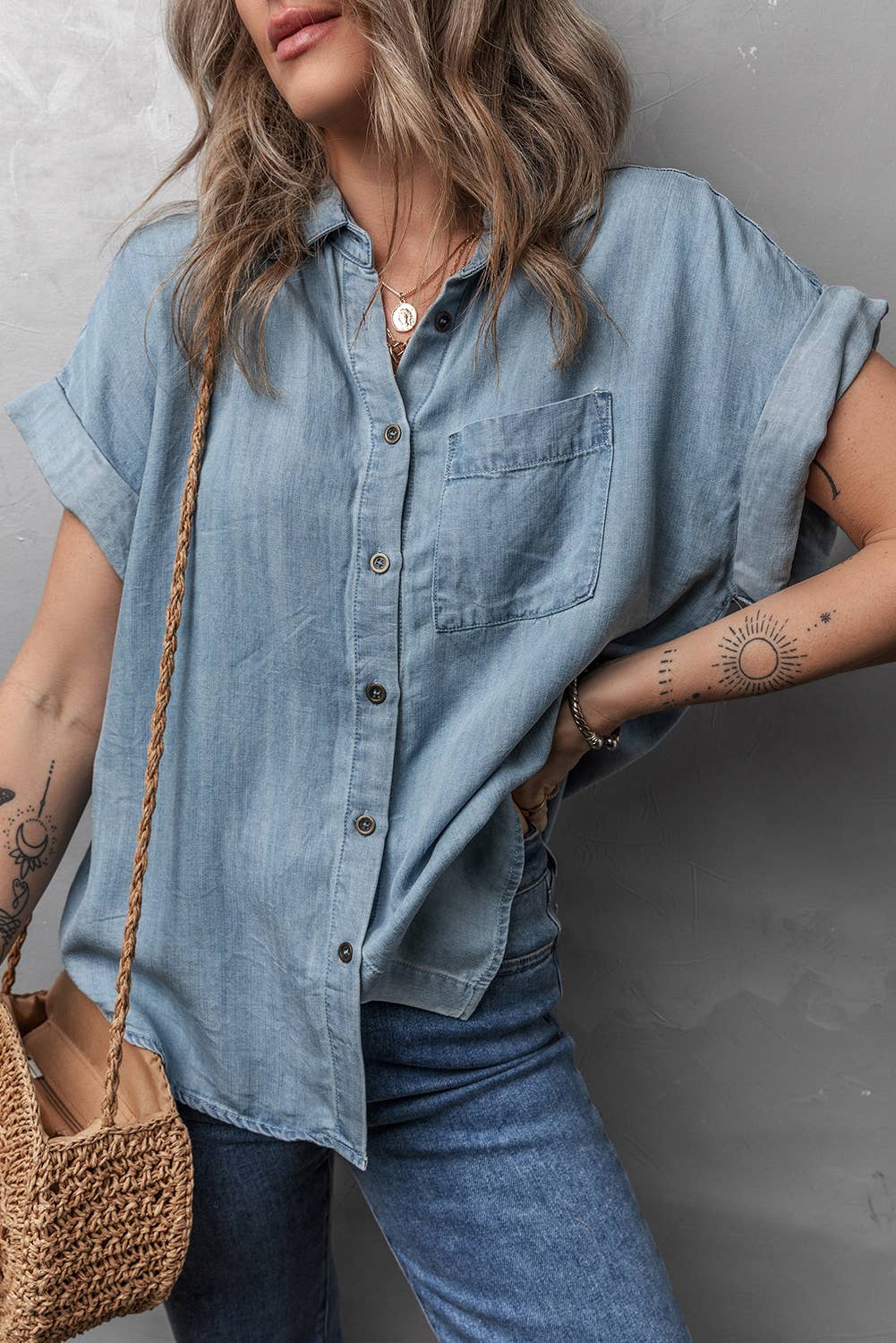 LDC Folded Short Sleeve Patched Pocket Denim Shirt: Dusk Blue