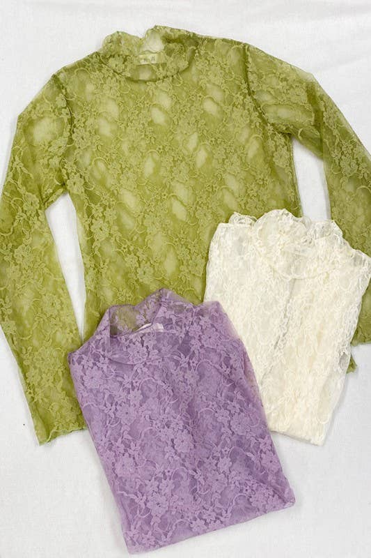 Floral print lace long sleeves top KRT1739 (Plus available): BLACK and White