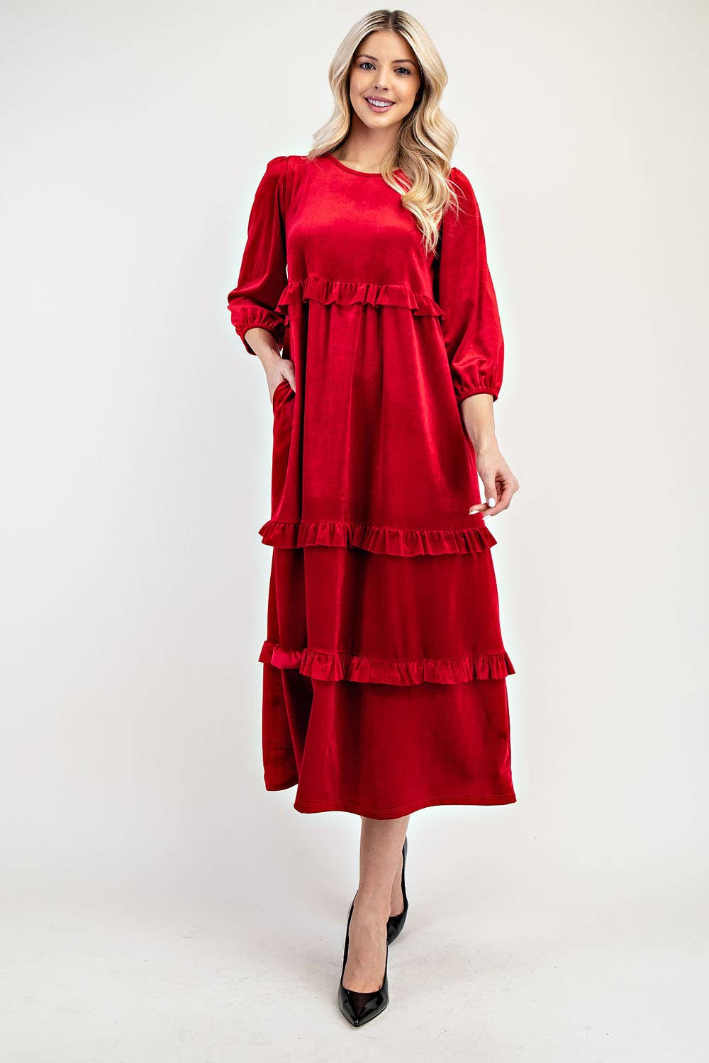 ELEGANT VELVET TIERED MODEST DRESS -MD33897: Purple