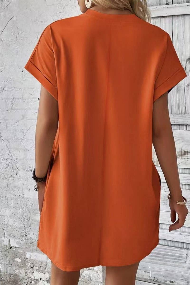CWDSD3628_SOLID COLOR ROUND NECK LOOSE POCKET SHORT DRESS: Red